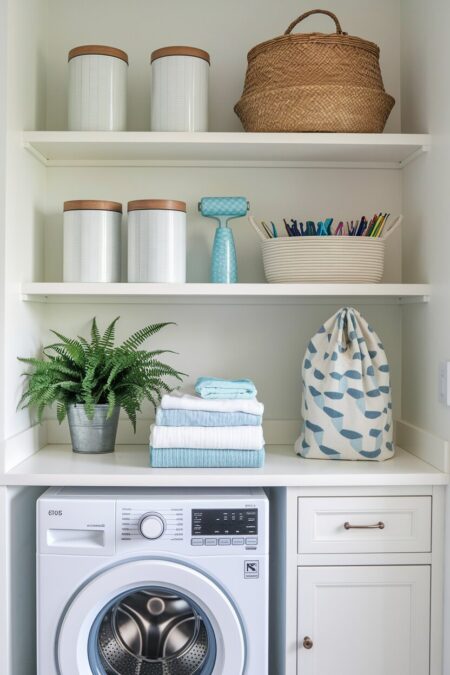 open shelves with matching containers for storage in the laundry room