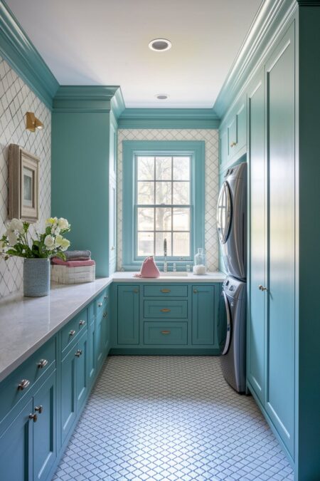 pastel blue-green laundry room with built-in quartz countertop and white tile