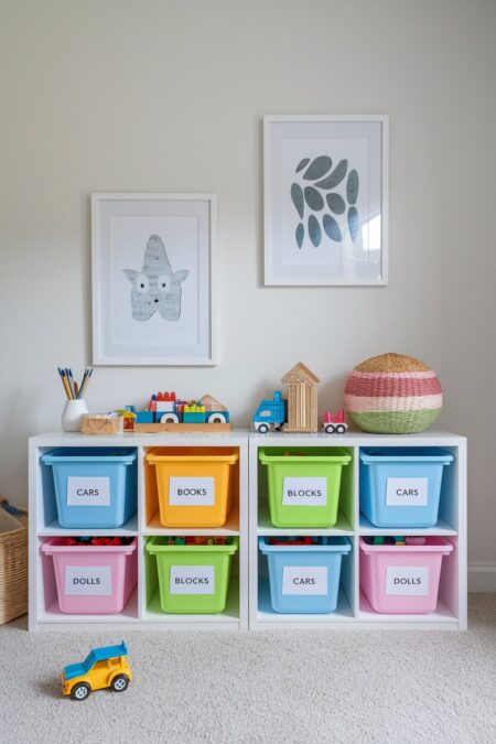 playroom with labeled plastic bins for storage in blue, green, pink, and yellow