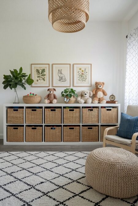 playroom with woven storage baskets in the cube shelving unit