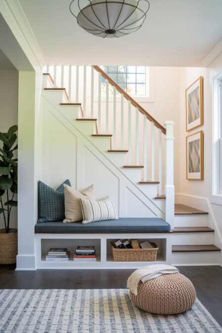 reading bench with pillows and storage underneath the seat under the stairs