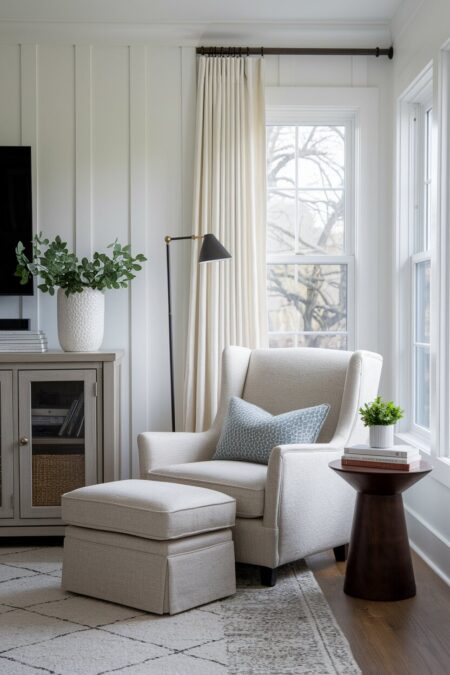 reading nook with an armchair and footstool, a side table, and a black floor lamp in the cozy living room