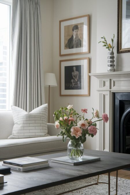 romantic living room with a fireplace and fresh pink flowers in the glass vase on the coffee table