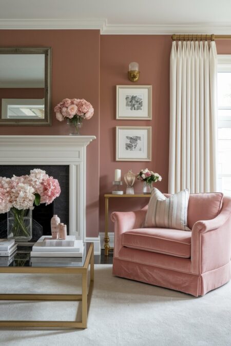 romantic living room with a fireplace, dusty rose walls, a blush pink velvet armchair, and cream curtains