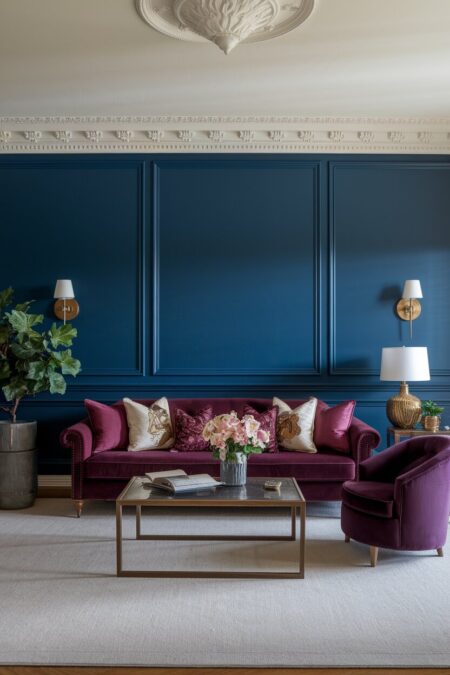 romantic living room with a midnight blue accent wall, a burgundy sofa and armchair, brass light fixtures