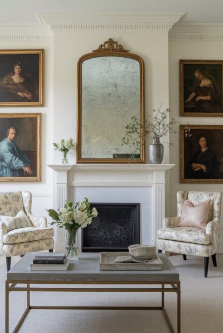 romantic living room with a vintage mirror above the mantel and gilded frames with old oil paintings
