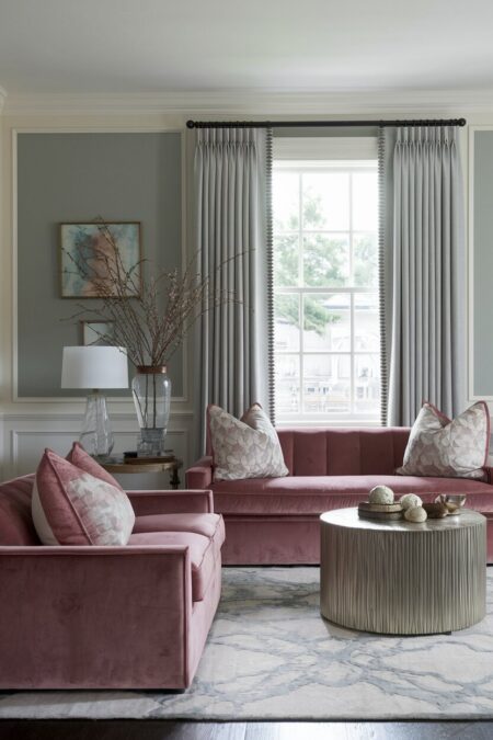 romantic living room with gray walls, white moldings, velvet sofas, and silk throw pillows