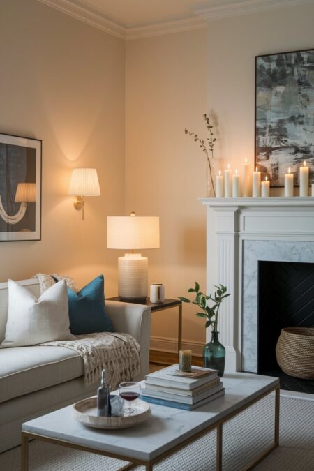 romantic living room with layered lighting and flameless candles on the mantel