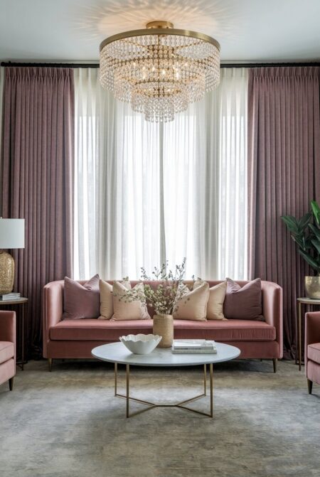 romantic living room with muted pink curtains and sheer layer underneath, a crystal chandelier, and a velvet sofa