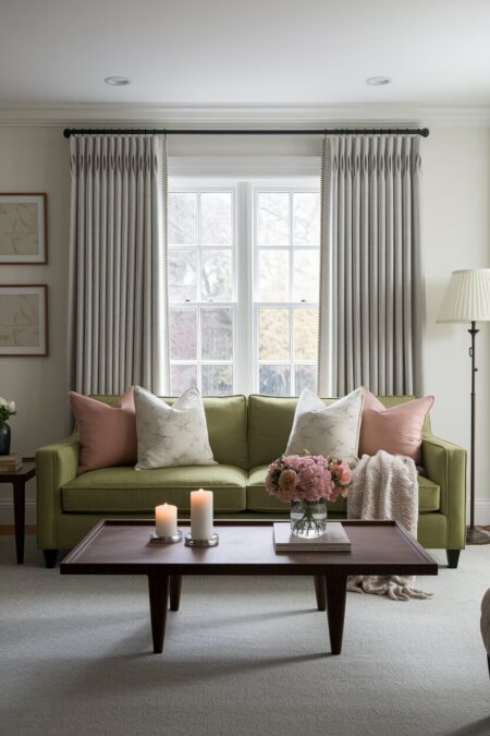romantic living room with off-white walls, a green sofa, and a wooden coffee table with minimalist decor