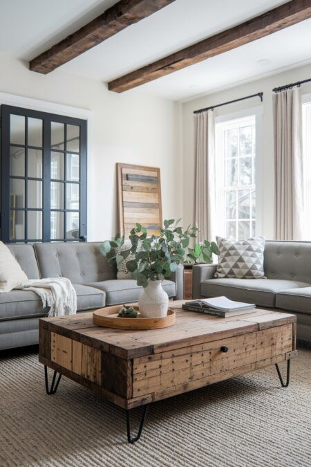rustic living room with a reclaimed wood coffee table on hairpin legs