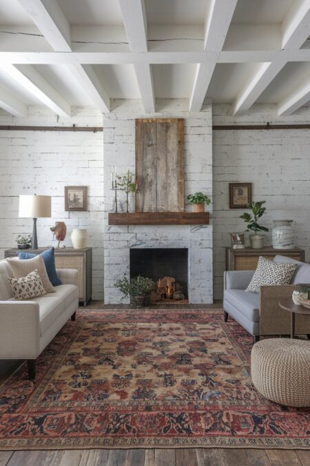 rustic living room with a vintage rug in faded red and cream