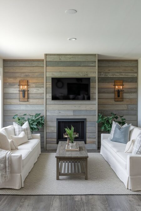 rustic living room with an accent wall of reclaimed wood planks