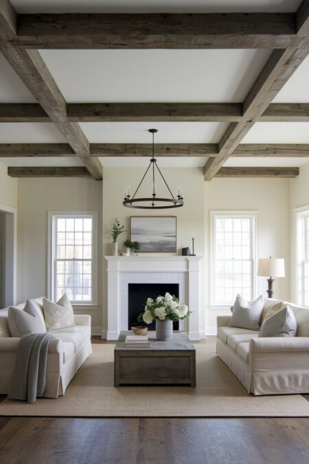 rustic living room with exposed ceiling beams on the flat, low ceiling with an iron chandelier