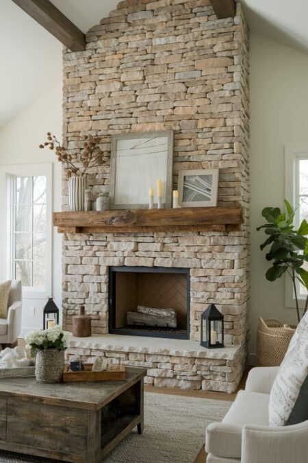 rustic living room with stacked stone fireplace in warm tone and a thick wood mantel