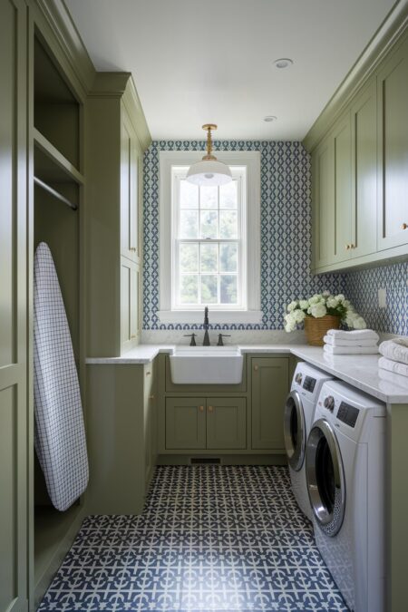 sage laundry room with built-in ironing board