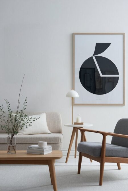 Scandinavian living room with a black minimalist abstract print in a wood frame