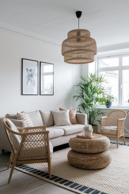 Scandinavian living room with a light neutral sofa, rattan chairs, and woven decor