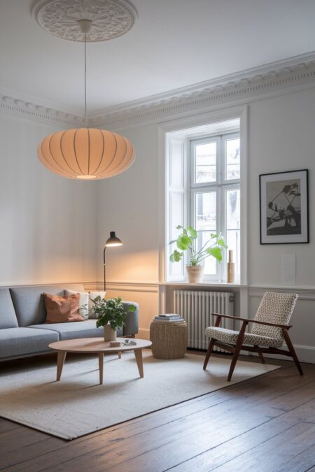 Scandinavian living room with a sculptural pendant light, a gray sofa, and an accent chair
