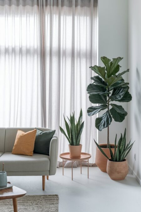 Scandinavian living room with houseplants in terracotta pots in the corner