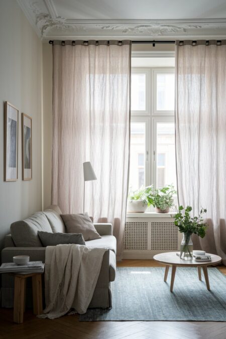 Scandinavian living room with sheer linen panels and a gray sofa