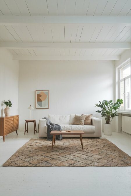 Scandinavian living room with warm white walls, a cream sofa, wooden tables, and a patterned rug