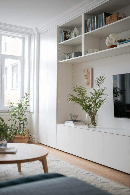 Scandinavian living room with white built-in cabinetry and shelving