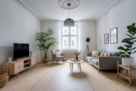 Scandinavian living room with white walls, a gray sofa and armchair, light wood furniture
