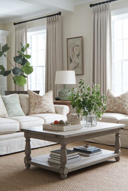 shabby chic living room with a distressed wood coffee table and slipcovered seating