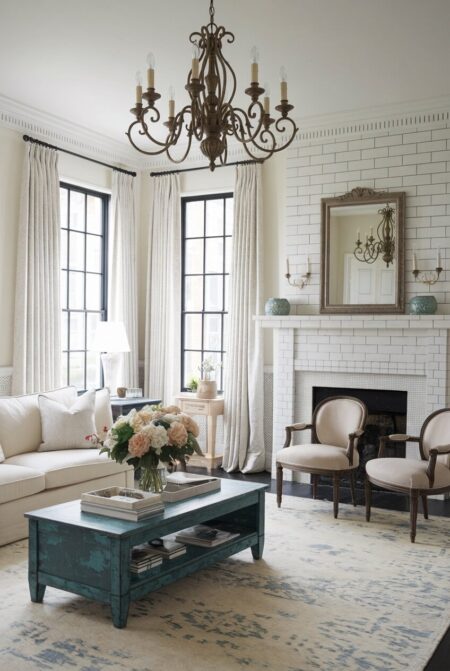 shabby chic living room with a fireplace, a vintage brass chandelier, and romantic armchairs