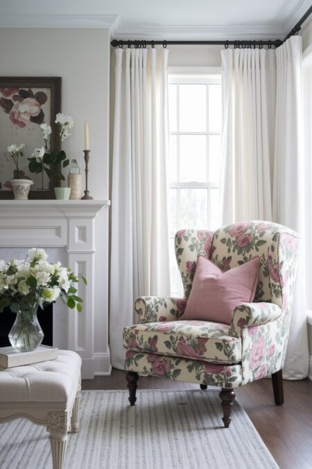 shabby chic living room with a fireplace and a faded floral print armchair
