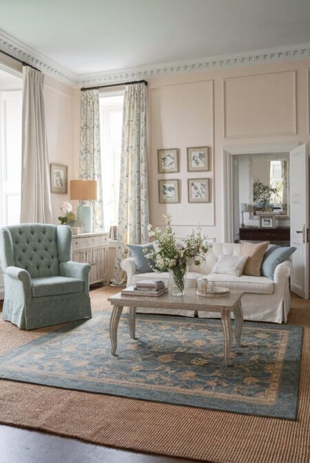 shabby chic living room with a large jute rug topped with a small faded floral rug and slipcovered seating