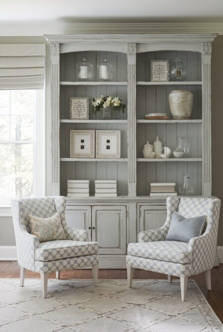 shabby chic living room with a pale gray chalk-painted bookcase and two polka dot armchairs