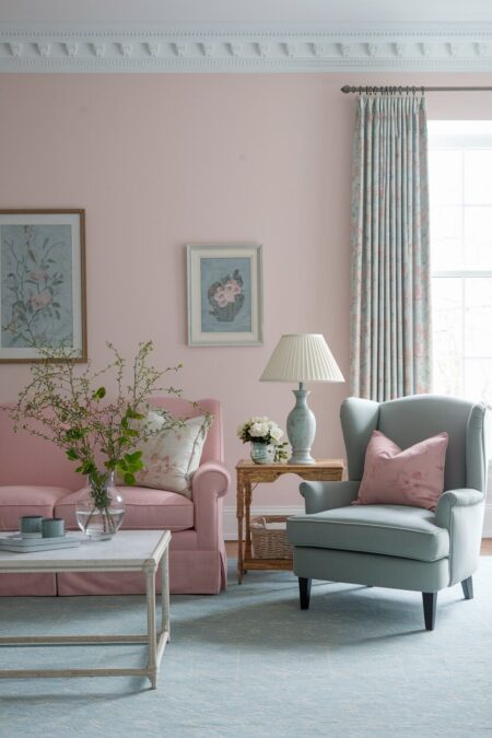 shabby chic living room with pastel pink walls and sofa, a pastel sage armchair