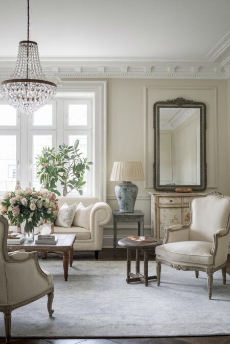 shabby chic living room with romantic armchairs, a cream rolled arm sofa, a crystal chandelier, and different-era furniture