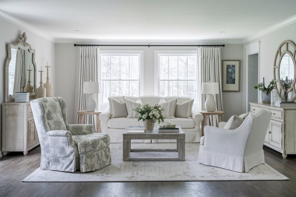 shabby chic living room with slipcovered seating and distressed wood furniture