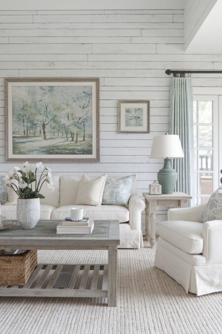 shabby chic living room with whitewashed wood paneling behind a slipcovered sofa