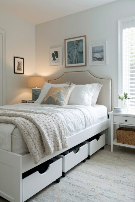 small bedroom has white shallow under bed storage drawers with wheels