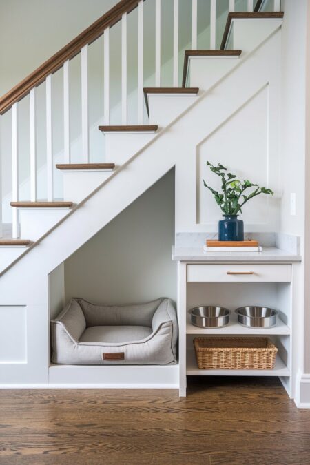 small cutout under the stairs with a cozy dog bed and bowls nearby
