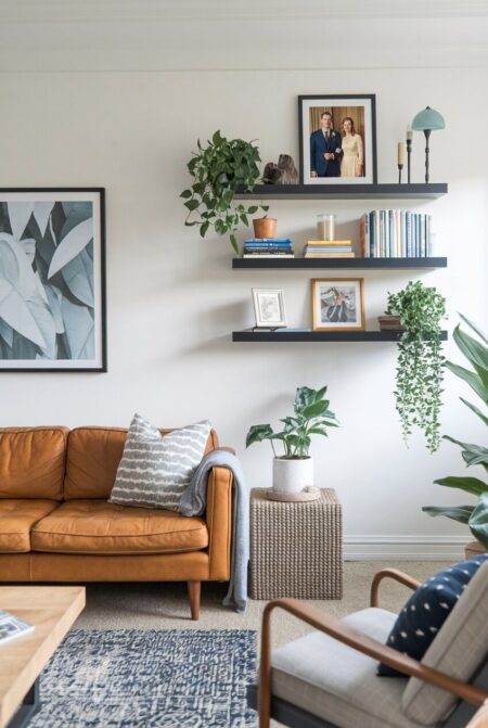 small living room with a leather couch and black floating shelves