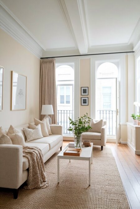 small living room in cream palette with white trim and a jute rug