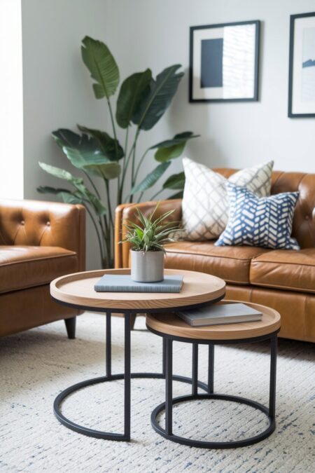 small living room with leather seating and round nesting tables