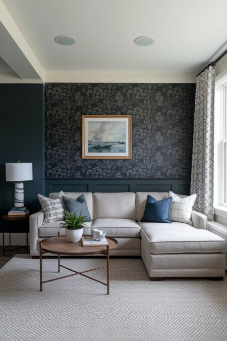 small living room with a dark wallpaper on the accent wall behind the L-shaped corner sofa