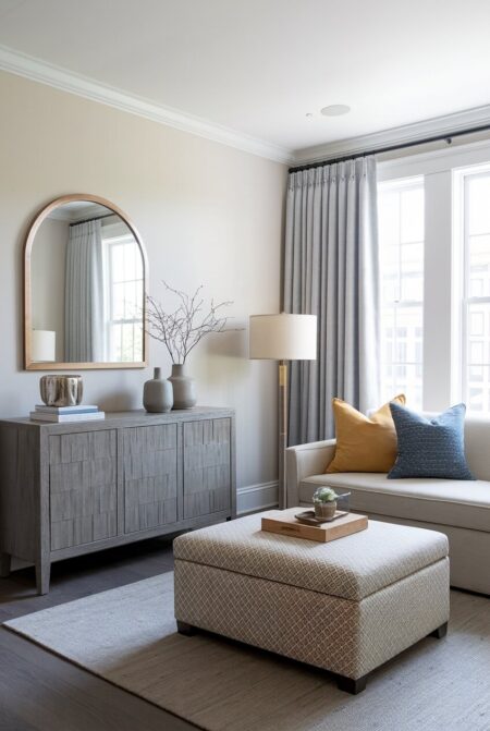 small living room with a storage ottoman, a gray credenza, and off-white walls