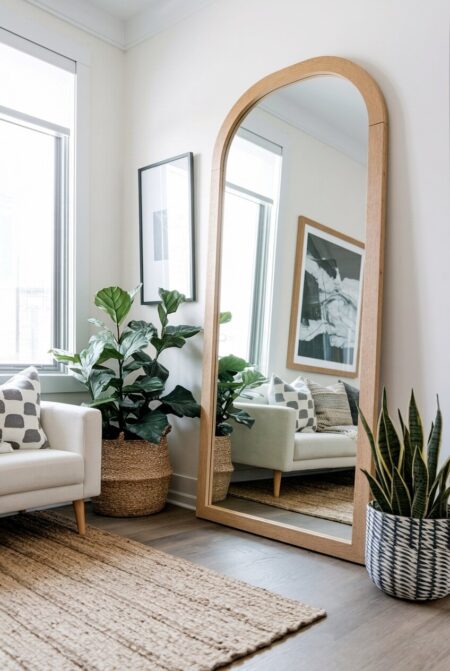 small living room with an oversized arched floor mirror in wooden frame and a cream sofa