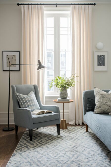 small living room with cream walls, a gray chair and couch, a black floor lamp, and a small side table