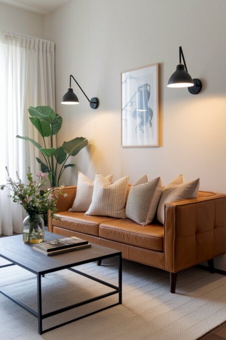 small living room with off-white walls, a leather sofa, and black wall sconces