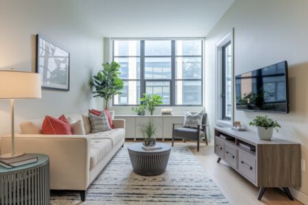 small living room with white walls a cream sofa, a white floor console cabinet under the window, and a TV