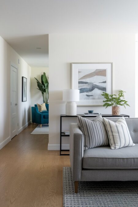 small living room with white walls and a gray sofa with a slim black console behind
