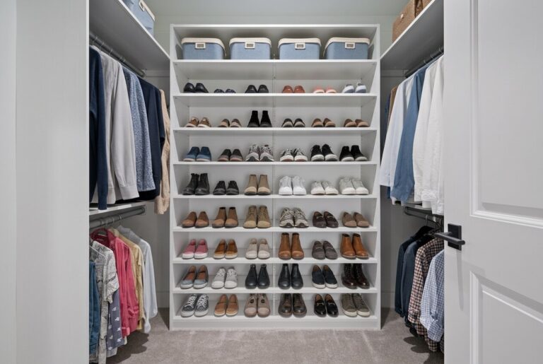 small white walk-in closet with shoe storage on the shelves